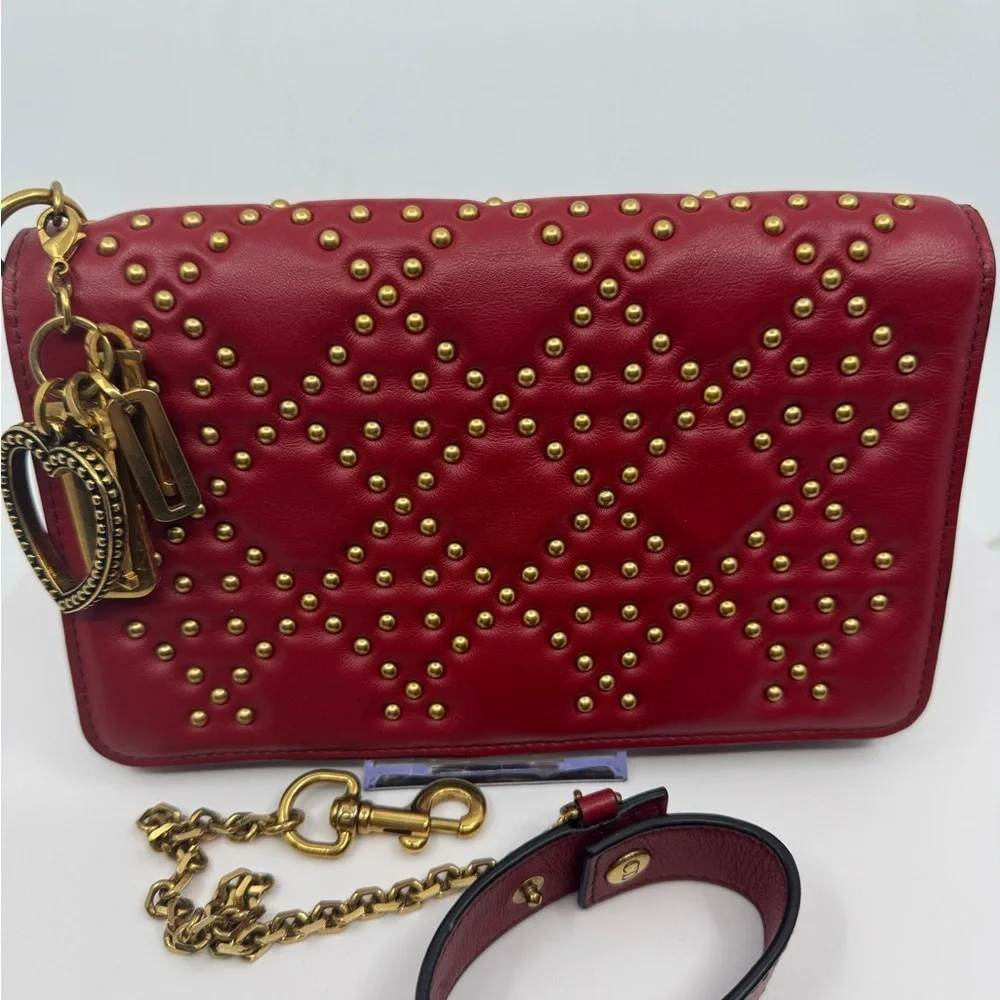 RARE Dior Lady Dior Red Calfskin Cannage Studded Biker Clutch EUC